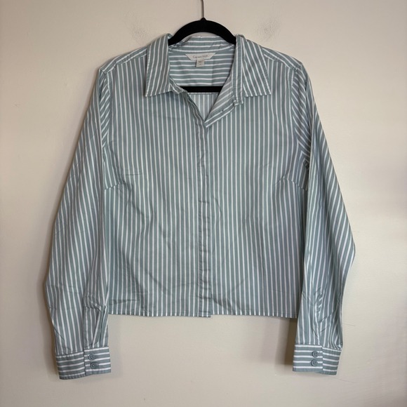 Garnet Hill Tops - Garnet Hill Womens 14 Organic Pima Cotton Striped cropped Button Down Sage Green